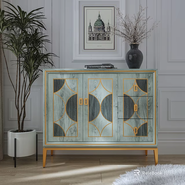 Modern Sideboard With Geometric Patterns Gold Trim Wooden Surface By Plant Vase And Wall Art 3d model 