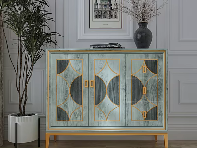 Modern Sideboard With Geometric Patterns Gold Trim Wooden Surface By Plant Vase And Wall Art 3d model