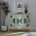 Modern Sideboard With Geometric Patterns Gold Trim Wooden Surface By Plant Vase And Wall Art