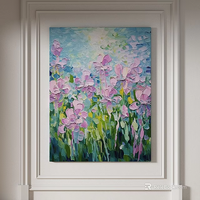 Vibrant Textured Oil Painting With Purple Pink Flowers Green Grass And Light Blue Background 3d model 