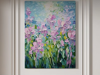 Vibrant Textured Oil Painting With Purple Pink Flowers Green Grass And Light Blue Background 3d model
