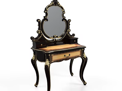 Classical Dressing Table With Ornate Mirror Wooden Frame Gold Accents And Drawer 3d model