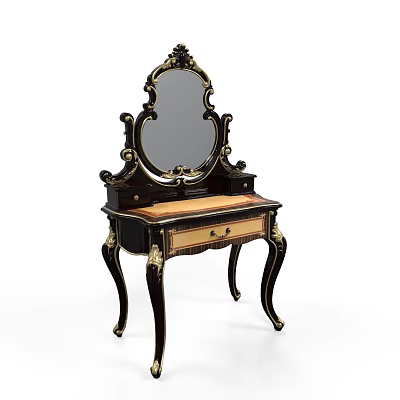 Classical Dressing Table With Ornate Mirror Wooden Frame Gold Accents And Drawer 3d model