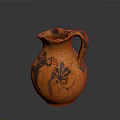 Orange Pottery Jug With Carved Black Figures And Floral Designs Sculpture