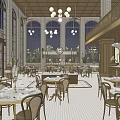 Commercial Street Interior With Two Floors Brick Walls Chandeliers Arched Doorways And Tables