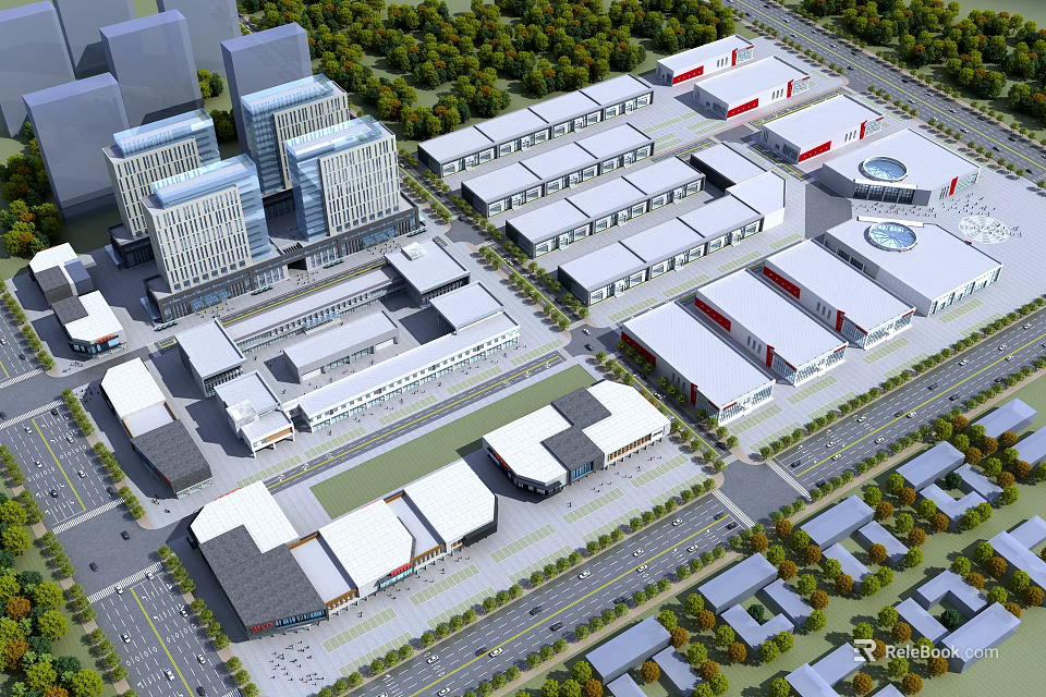 Modern Industrial Factory Aerial View Layout With Multiple Buildings Greenery And Roads 3d model 