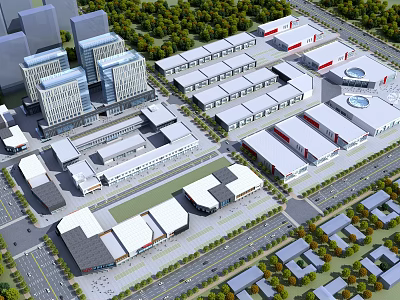 Modern Industrial Factory Aerial View Layout With Multiple Buildings Greenery And Roads 3d model