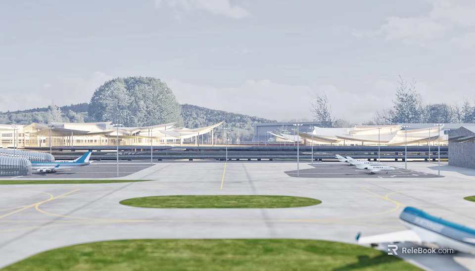 Modern Airport With Airplanes On Runway And Landscaped Open Areas 3d model 