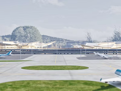 Modern Airport With Airplanes On Runway And Landscaped Open Areas 3d model