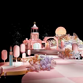 Enchanting Banquet Hall With Pink Theme Carousel Castle Tower Floral Decorations And Checkerboard Floor