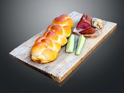 Fresh Braided Bread Served with Ham Walnuts and Cucumber Sticks on Wooden Board 3d model