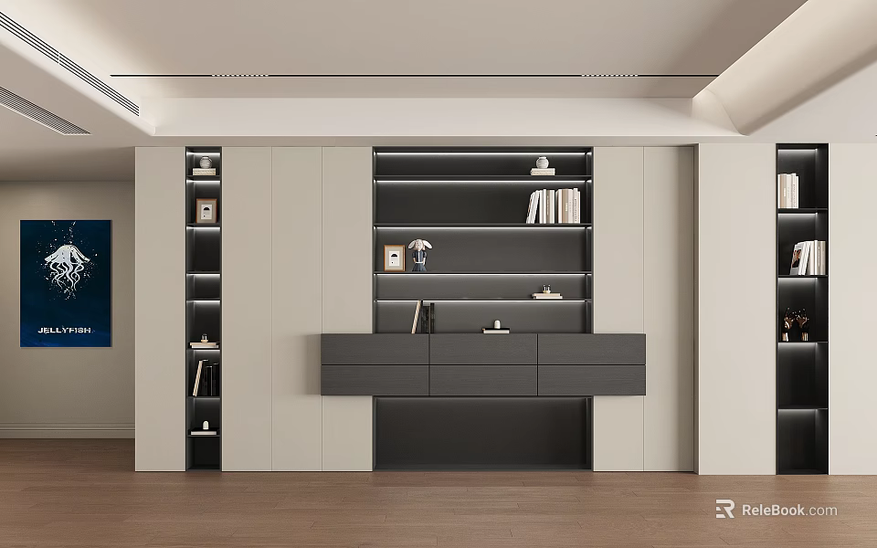 Modern Bedroom Interior Design With Built in Cabinets Bookshelves And Wooden Flooring 3d model 