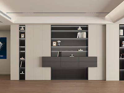 Modern Bedroom Interior Design With Built in Cabinets Bookshelves And Wooden Flooring 3d model