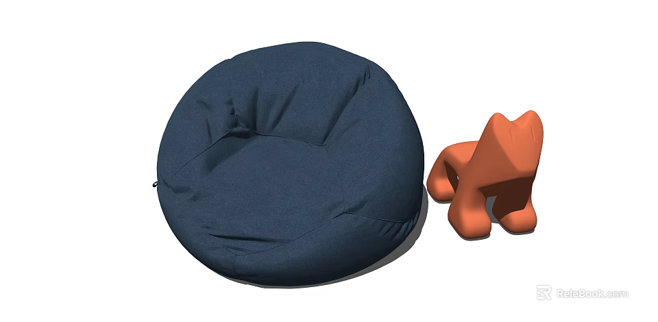 Dark Blue Round Bean Bag Chair With Orange Small Stool Accessory 3d model