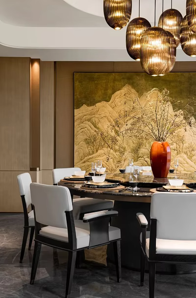 Elegant Private Dining Room With Round Table White Chairs Red Vase And Landscape Painting 3d model