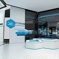 Futuristic Exhibition Hall Interior With Central Blue Column Hexagonal Panels And Interactive Platform