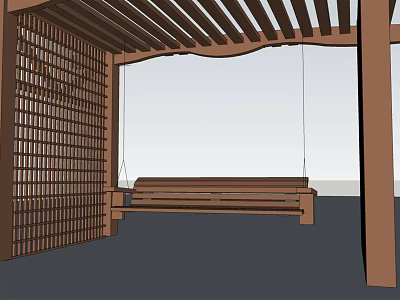 Wooden Pergola Outdoor Relaxation Space With Curved Roof Swing Bench And Lattice Wall 3d model