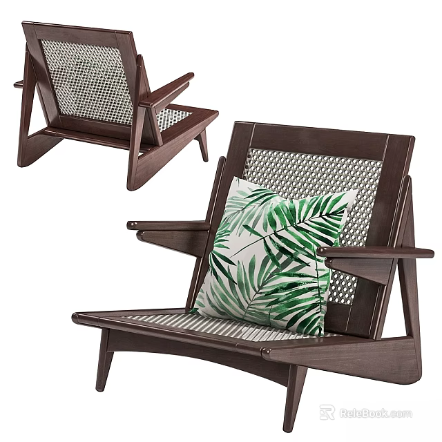 Modern Wooden Leisure Chair With Rattan Backrest And Green Palm Leaf Cushion 3d model 