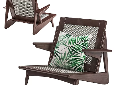 Modern Wooden Leisure Chair With Rattan Backrest And Green Palm Leaf Cushion 3d model