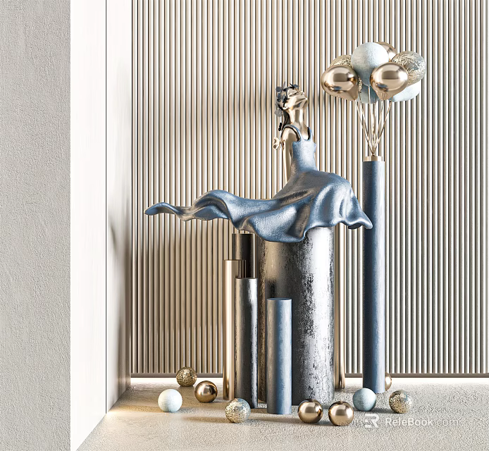 Elegant Female Sculpture With Flowing Blue Dress Silver Pedestal And Striped Wall Backdrop 3d model 