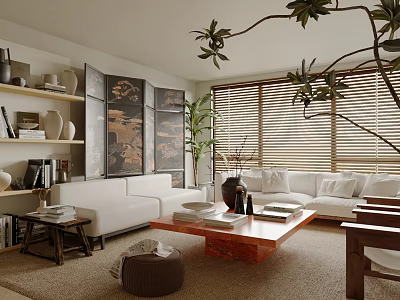 Modern Living Room Interior with White Sofa Wooden Coffee Table Window Blinds and Green Plants 3d model
