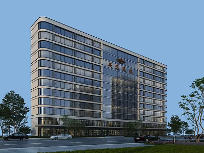 Modern High Rise Office Building Exterior With Glass Curtain Wall And Trees Around 3d model