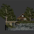 Cartoon Scene Featuring Cozy Cabin Tall Trees Wooden Bridge Stream And Yellow Car