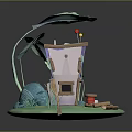 Cute Cartoon Scene Featuring Purple Leaf House Green Leaves Blue Stones Thread Spool and Logs
