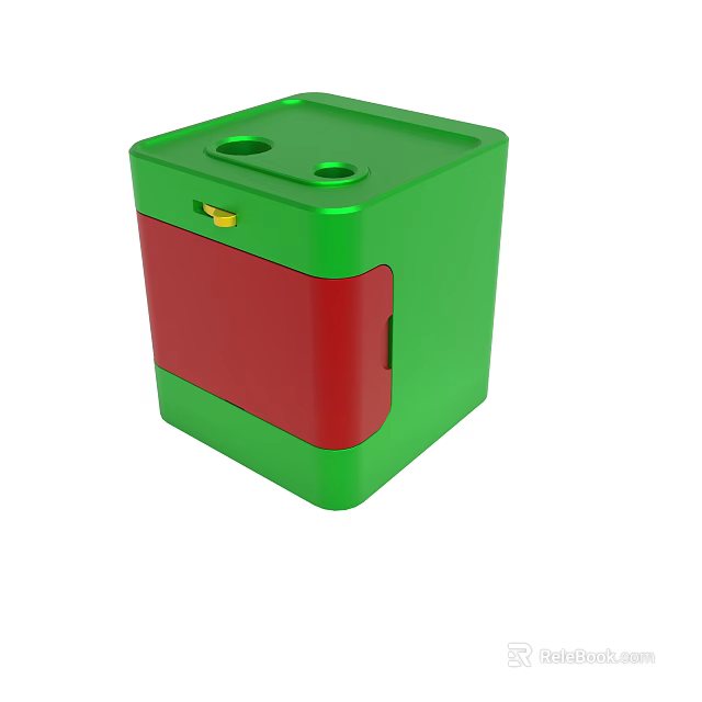 Green And Red Cube Shaped Device With Two Circular Holes And Yellow Component 3d model