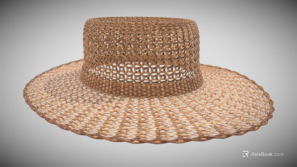 Brown Woven Straw Hat with Wide Brim and Textured Design 3d model