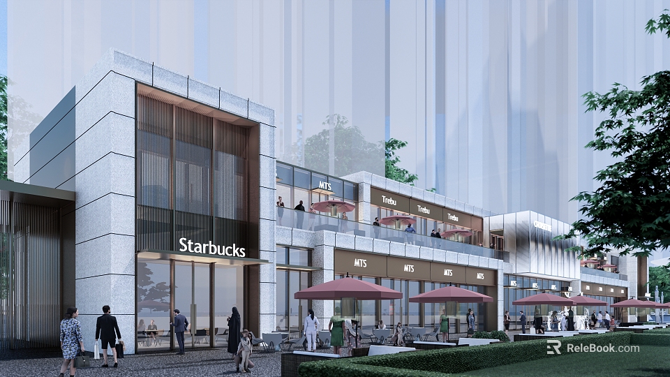 Modern Commercial Street With Starbucks H&M Outdoor Seating Umbrellas Pedestrians And Greenery 3d model 