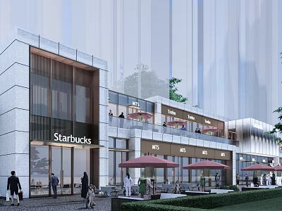 Modern Commercial Street With Starbucks H&M Outdoor Seating Umbrellas Pedestrians And Greenery 3d model