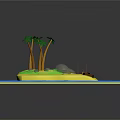 Cartoon Island Scene With Palm Trees Rocks Hut Boat And SOS Sign On Sand