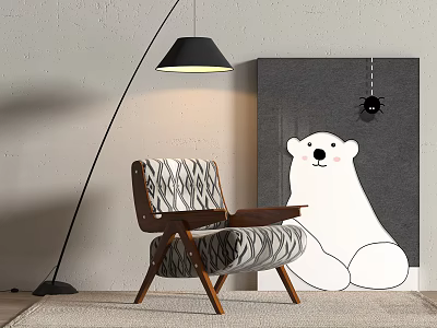 Single Sofa With Wooden Armrests Black White Wavy Fabric Near Floor Lamp Polar Bear Painting 3d model