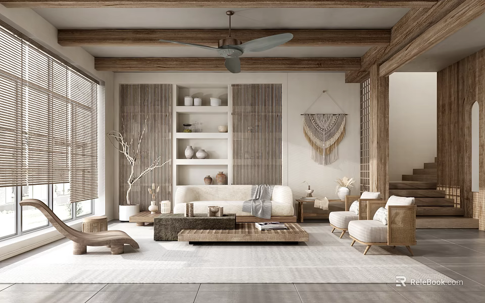 Cozy Natural Living Room Interior With Wooden Ceiling Fan And Rattan Furniture 3d model 