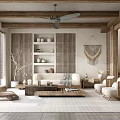 Cozy Natural Living Room Interior With Wooden Ceiling Fan And Rattan Furniture
