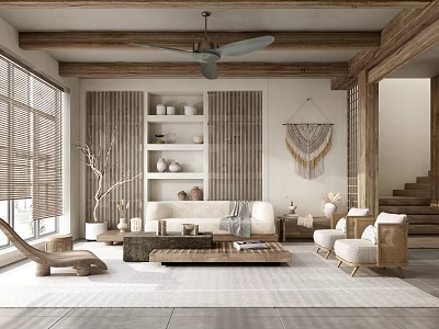 Cozy Natural Living Room Interior With Wooden Ceiling Fan And Rattan Furniture 3d model