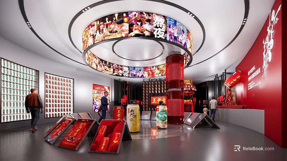 Modern Product Exhibition Hall With Circular Digital Screens And Red Decorated Displayed Products 3d model 