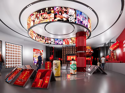 Modern Product Exhibition Hall With Circular Digital Screens And Red Decorated Displayed Products 3d model