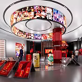 Modern Product Exhibition Hall With Circular Digital Screens And Red Decorated Displayed Products