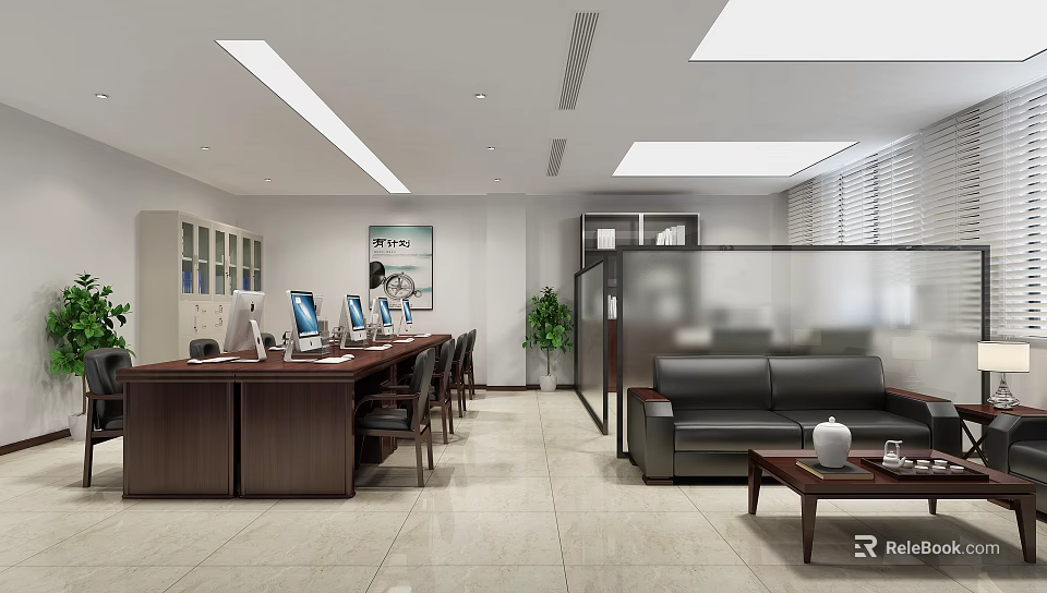 Bright Modern Public Office Space With Desks Computers Chairs Sofa And Glass Partitions 3d model 
