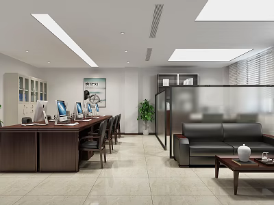 Bright Modern Public Office Space With Desks Computers Chairs Sofa And Glass Partitions 3d model