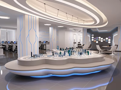 Modern Lounge Area Design With Curved Seating Blue Lighting And Circular Decor 3d model