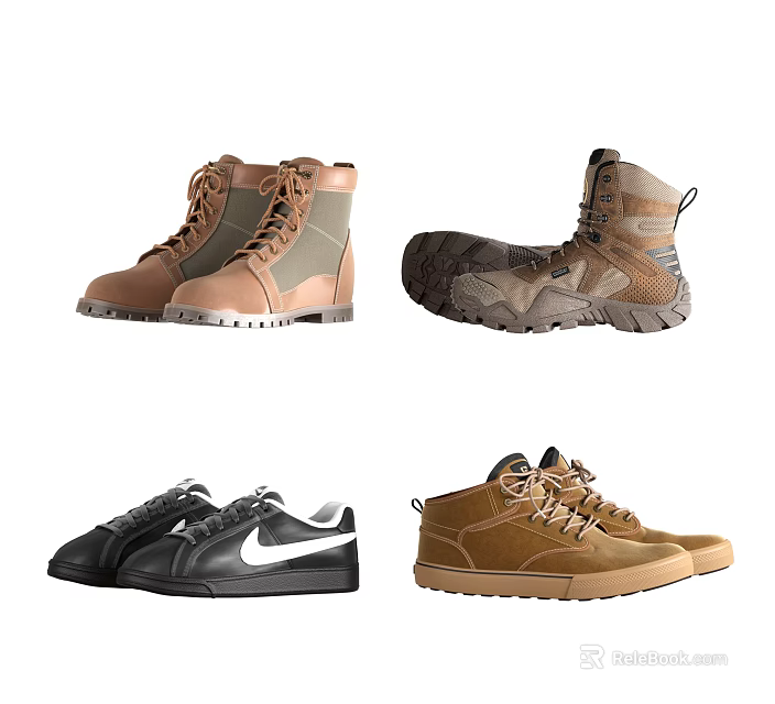 Different Types of Shoes Including High top Boots Low top Sneakers in Brown Black Khaki 3d model 