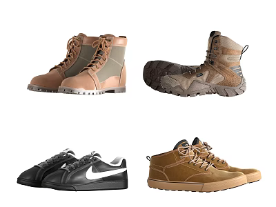 Different Types of Shoes Including High top Boots Low top Sneakers in Brown Black Khaki 3d model