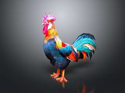 Colorful Flying Rooster with Bright Red Comb and Vibrant Feathers Standing on Dark Background 3d model