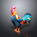 Colorful Flying Rooster with Bright Red Comb and Vibrant Feathers Standing on Dark Background