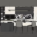 Modern Restaurant Kitchen Interior With Black White Cabinets Marble Island Countertop Chairs And Pendant Lights