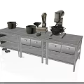 White Metal Kitchen Workbench With Pots Scale Mixer And Cooking Utensils On Top