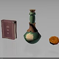Pink Book Green Potion Bottle And Orange Flower Decoration On Dark Surface